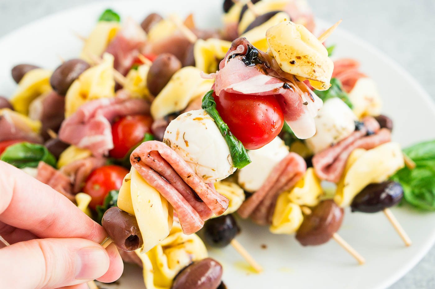 close up of antipasto skewers