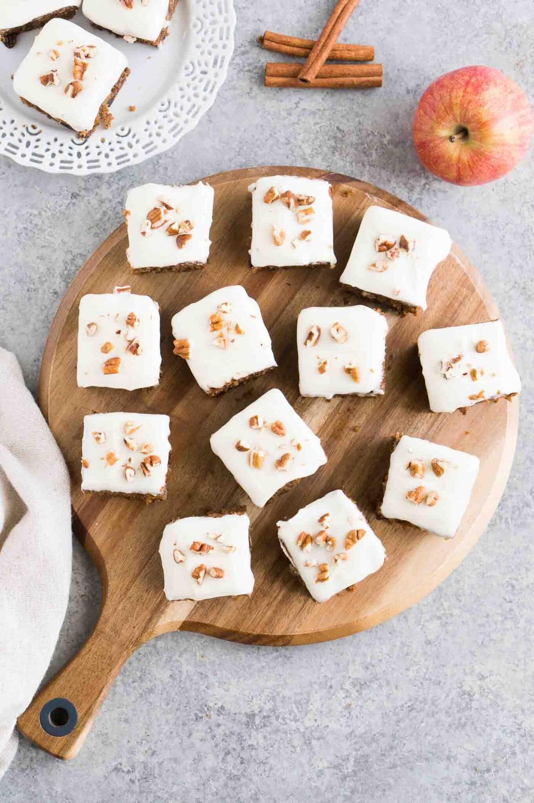 apple cake bars in a wooden board