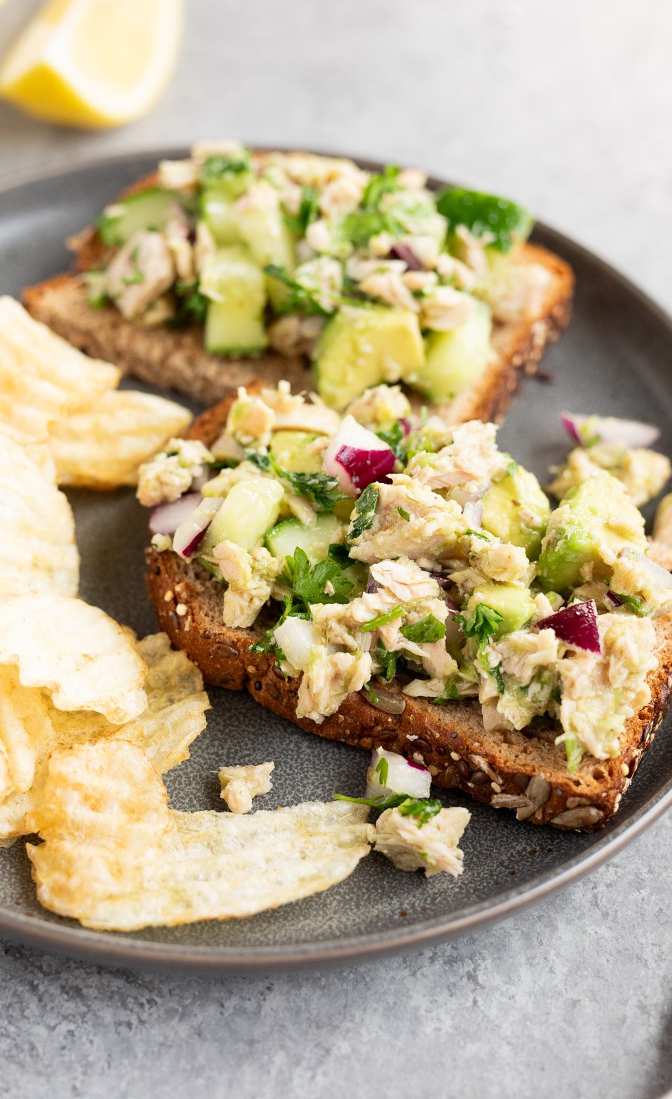 avocado tuna salad on toast with chips