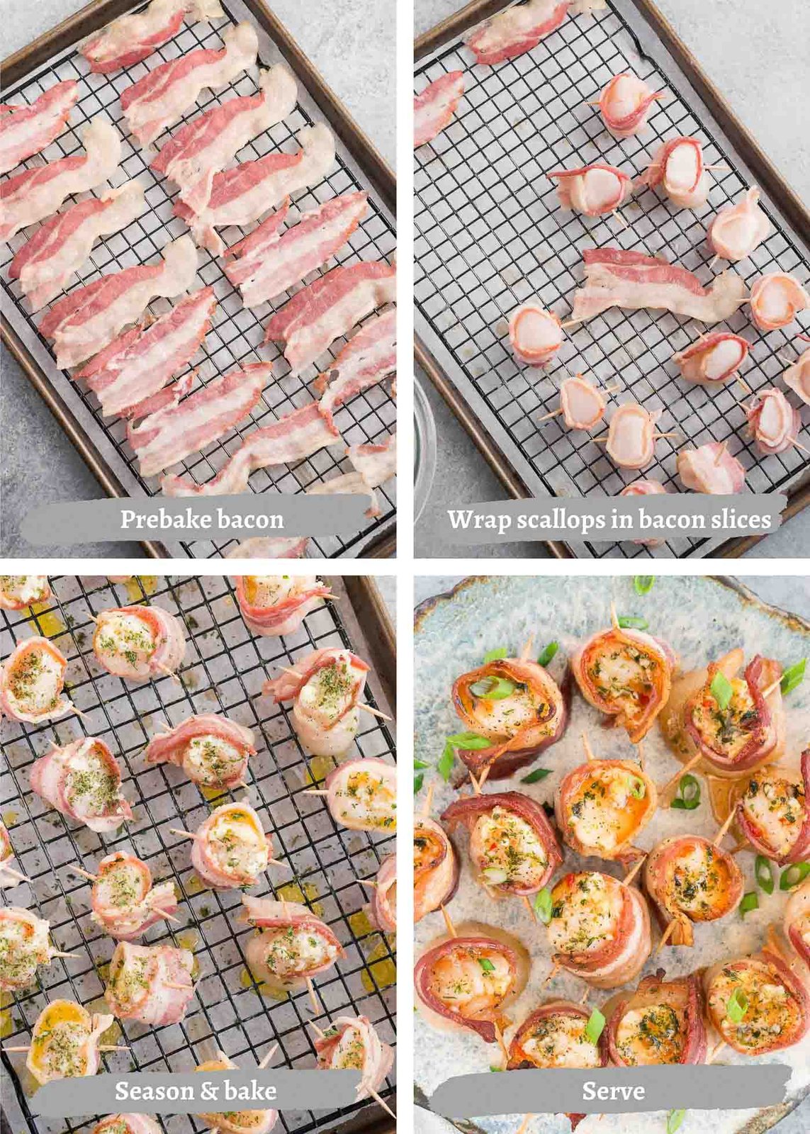 process steps for making bacon wrapped scallops in the oven