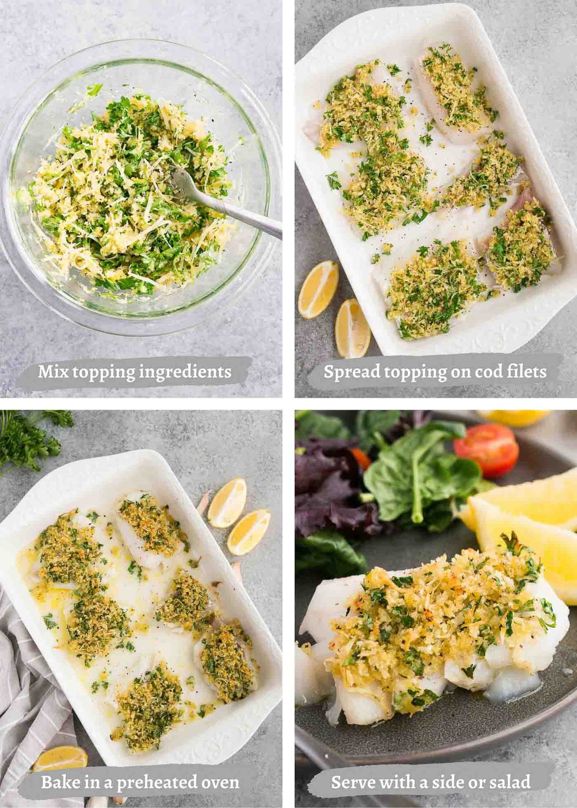 process images of making baked cod in the oven