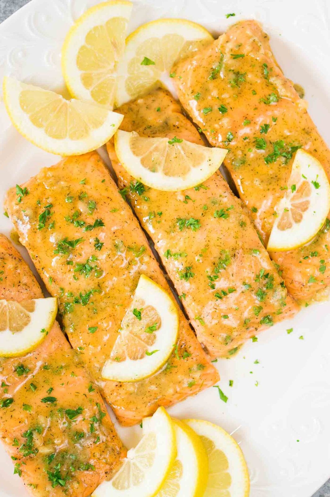 Honey Dijon Glazed Salmon Fillets on a white platter