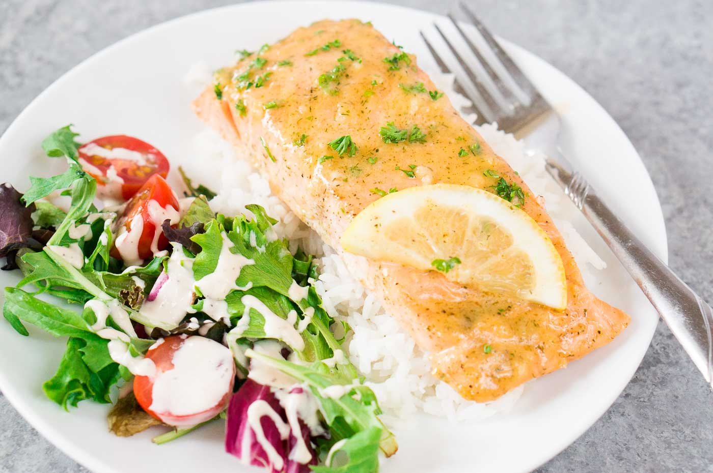 salmon over rice with a side salad on a white plate