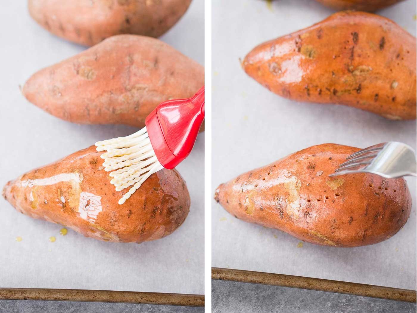 brushing sweet potatoes with oil on a baking sheet and poking with a fork