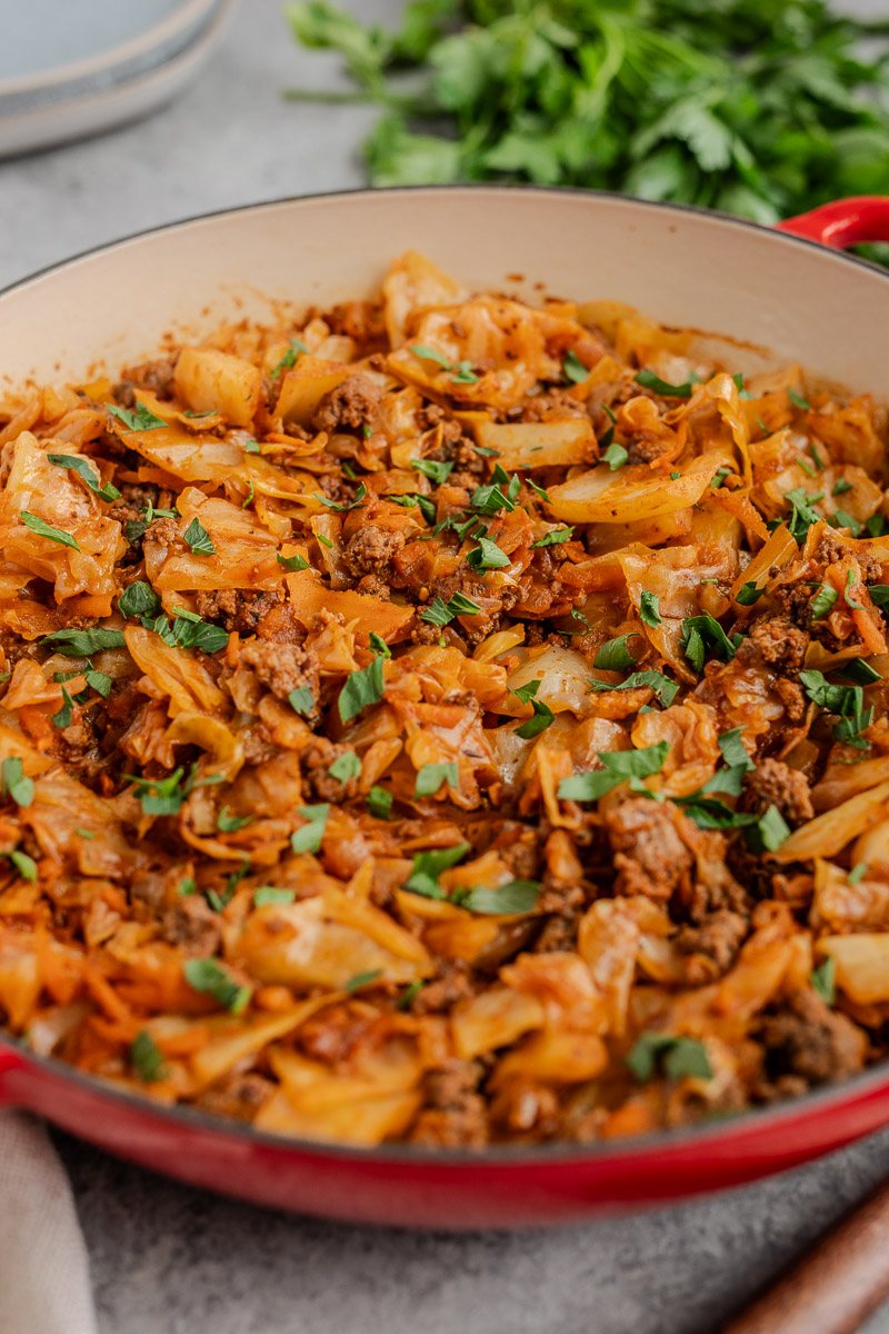 simple ground beef and cabbage served in a skillet
