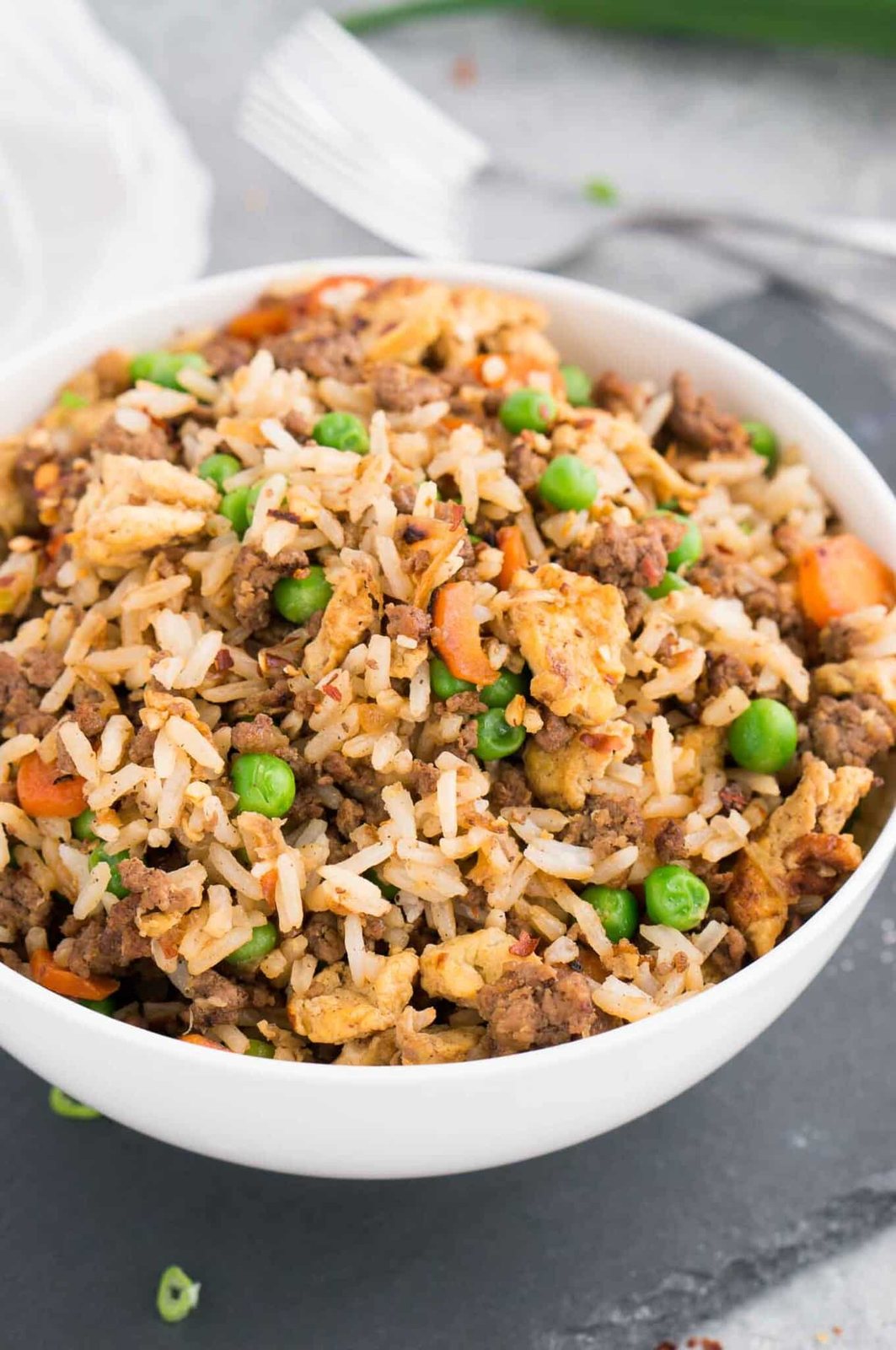 ground beef fried rice recipe served in a bowl