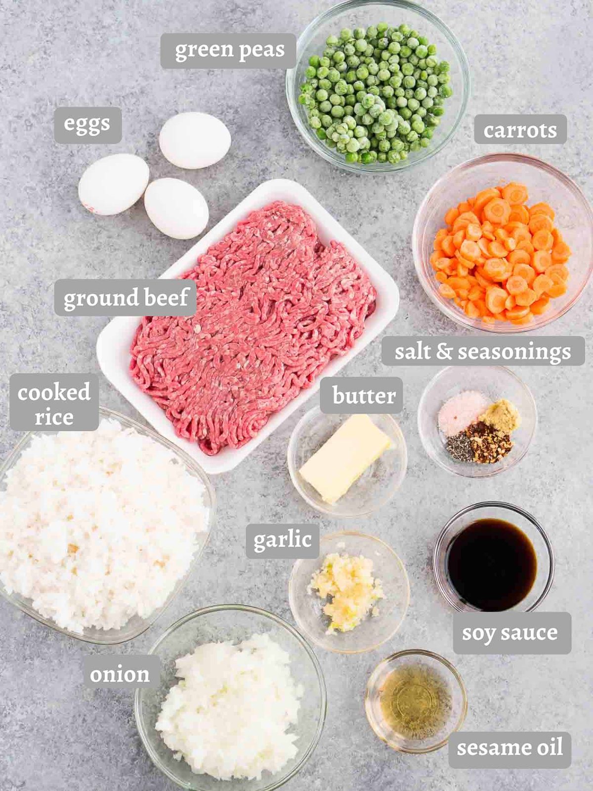 ingredients for ground beef and rice with vegetables