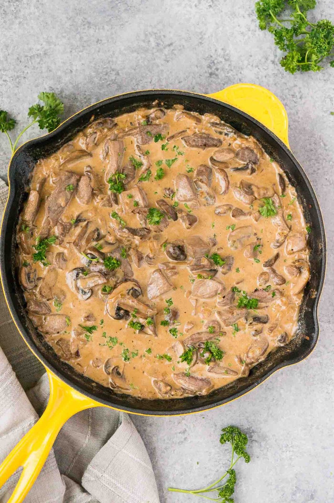 classic beef stroganoff recipe in a skillet