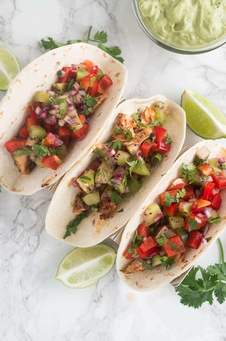 salmon tacos with avocado sauce