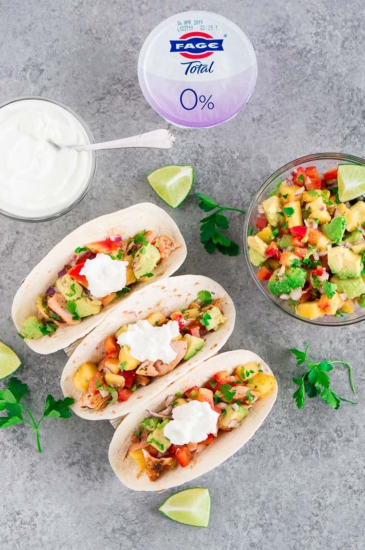 Blackened salmon Tacos with Pineapple Avocado Salsa