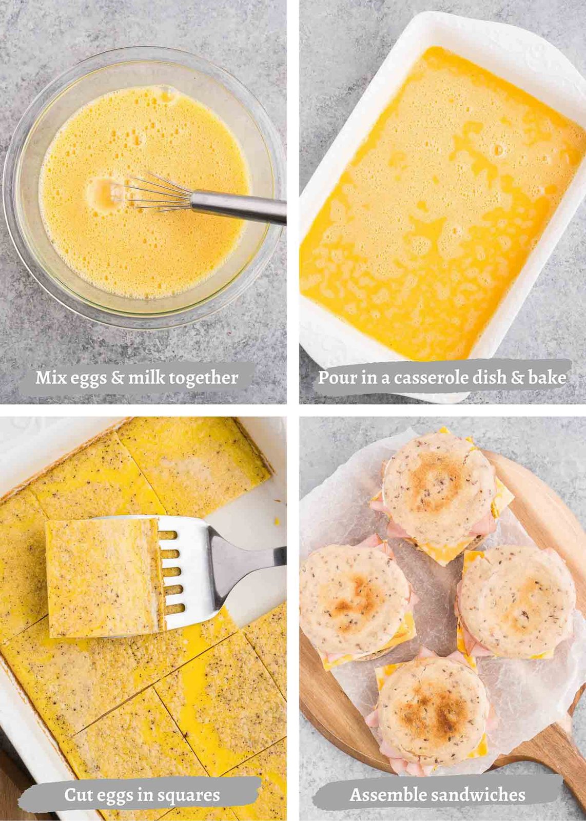 process images of making egg and ham breakfast sandwich