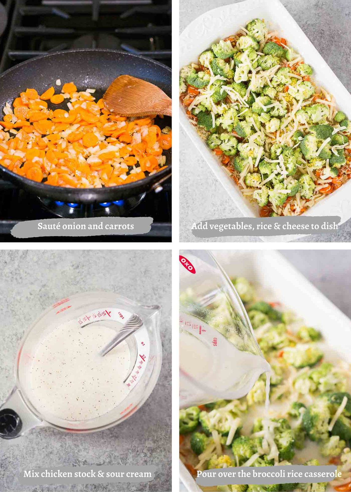 process images of making broccoli and cheese rice casserole