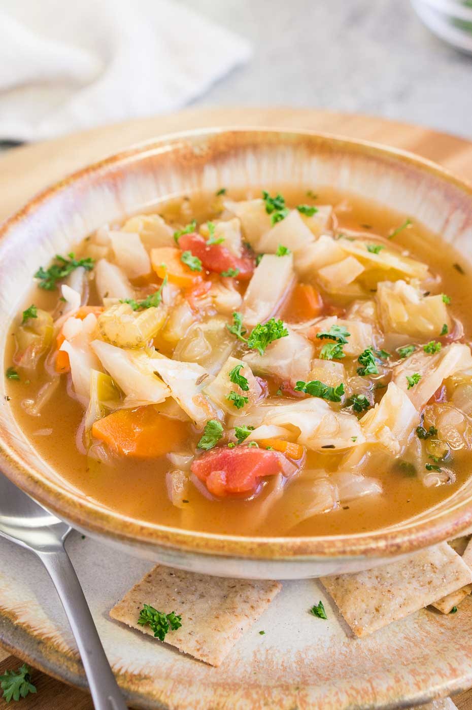 close up shot of cabbage soup in a bowl and on a plate