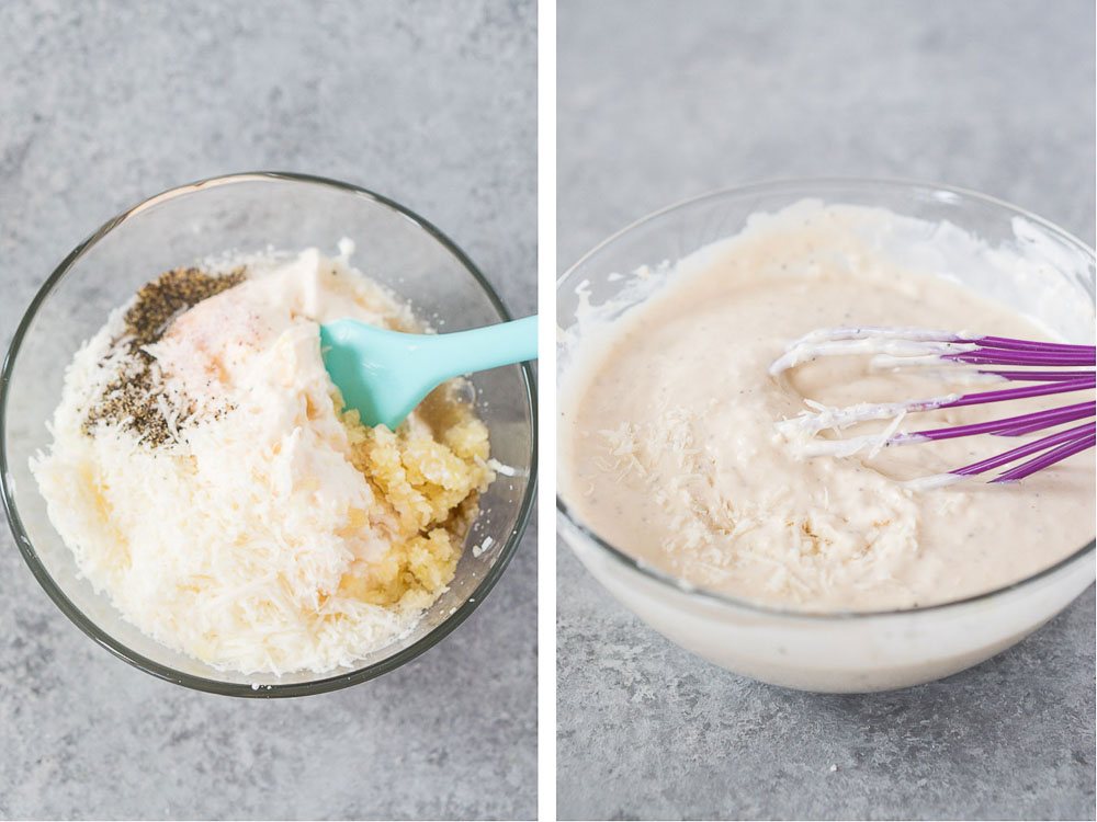 making caesar dressing in a glass bowl