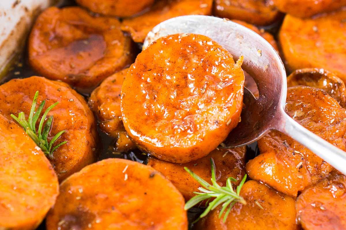 close up shot of candied sweet potatoes