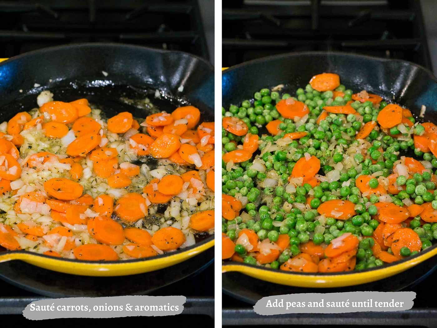sautéing carrots and onions and peas in a skillet