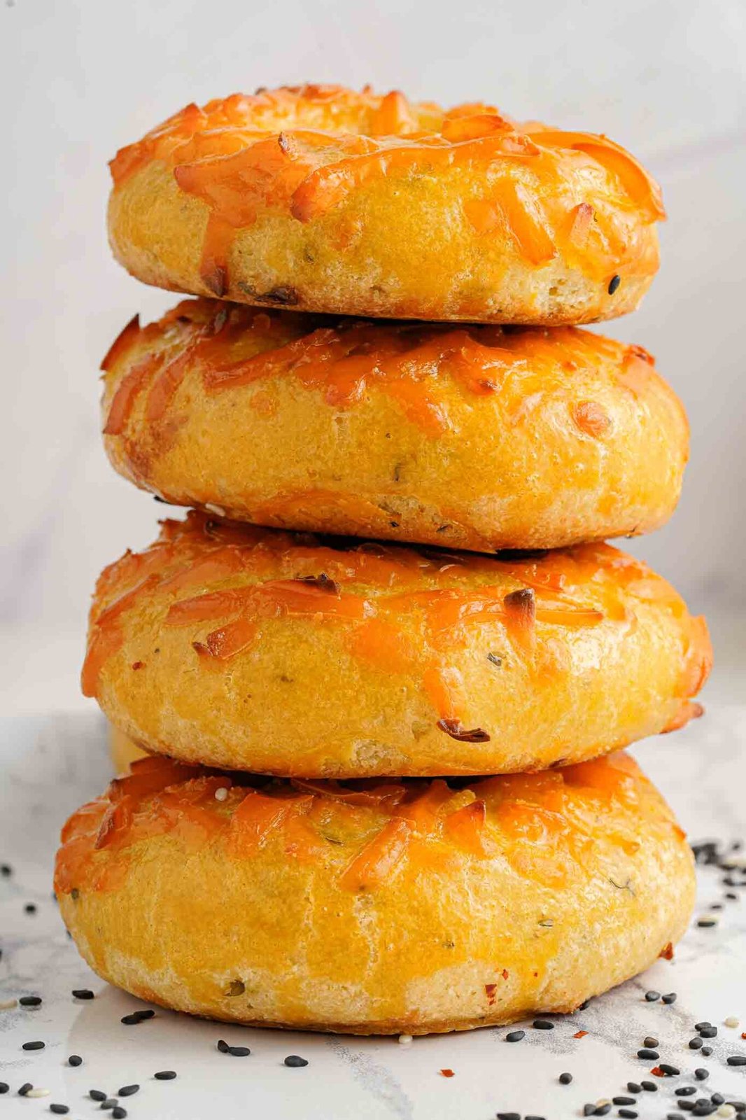 stacked keto bagels made with cheese