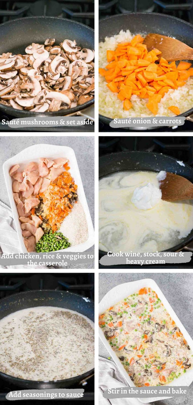 process images of making healthy chicken and rice casserole