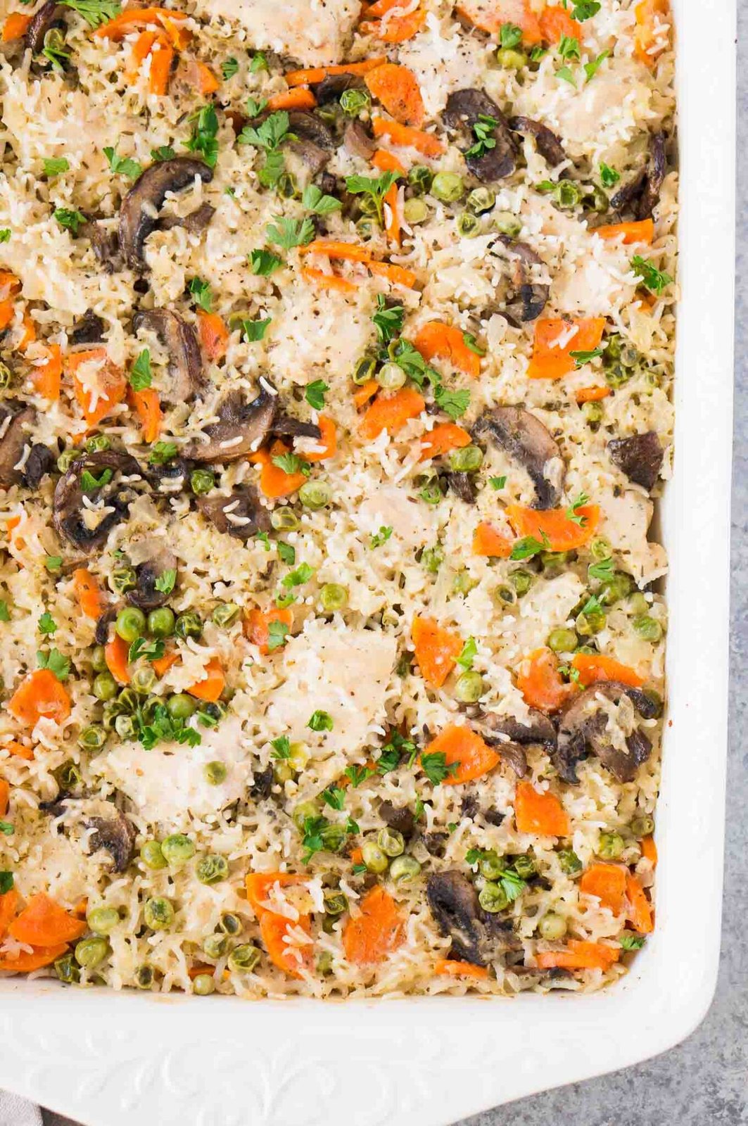 close up image of chicken and rice casserole