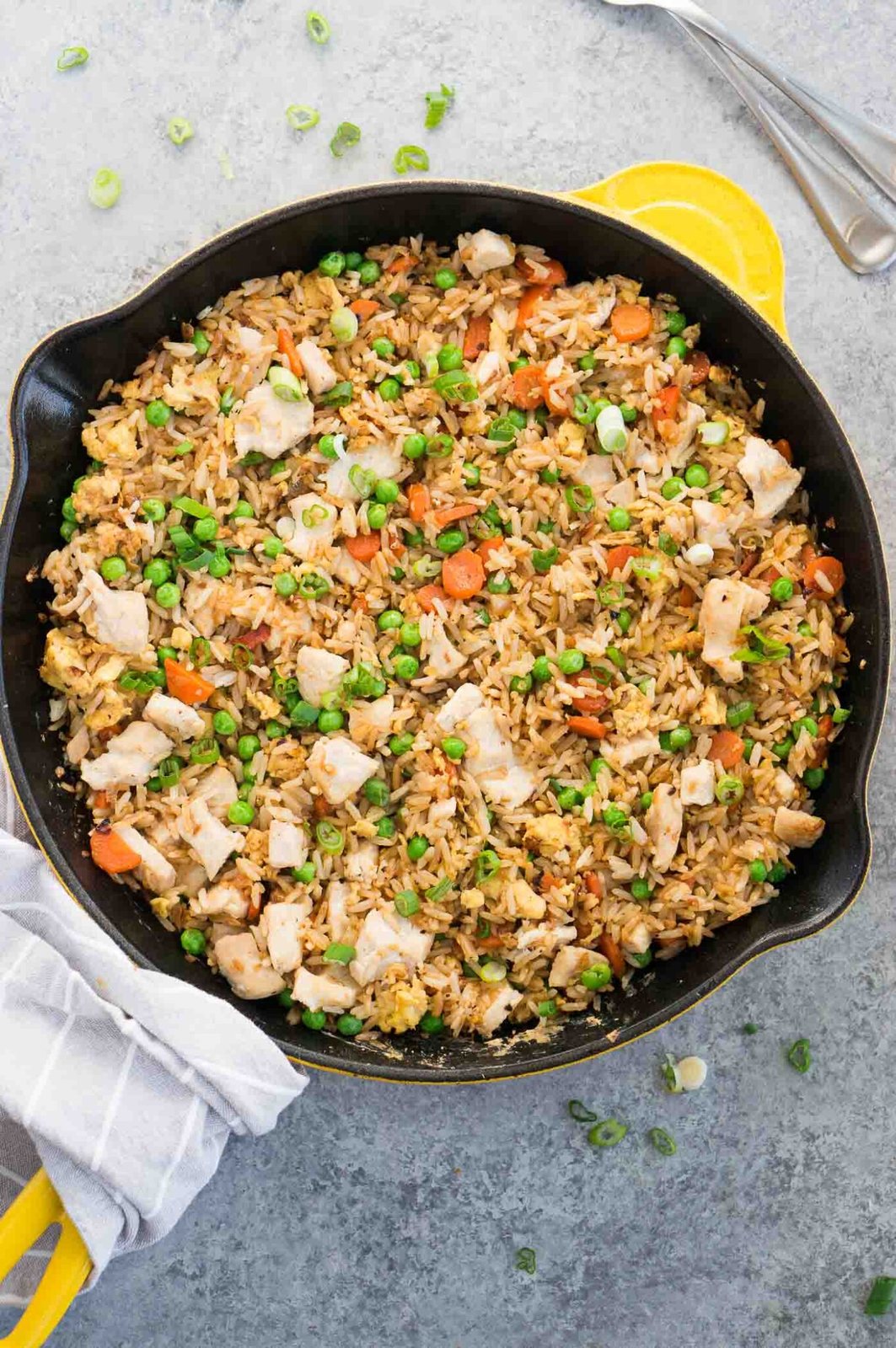 easy fried rice with egg and chicken in a skillet