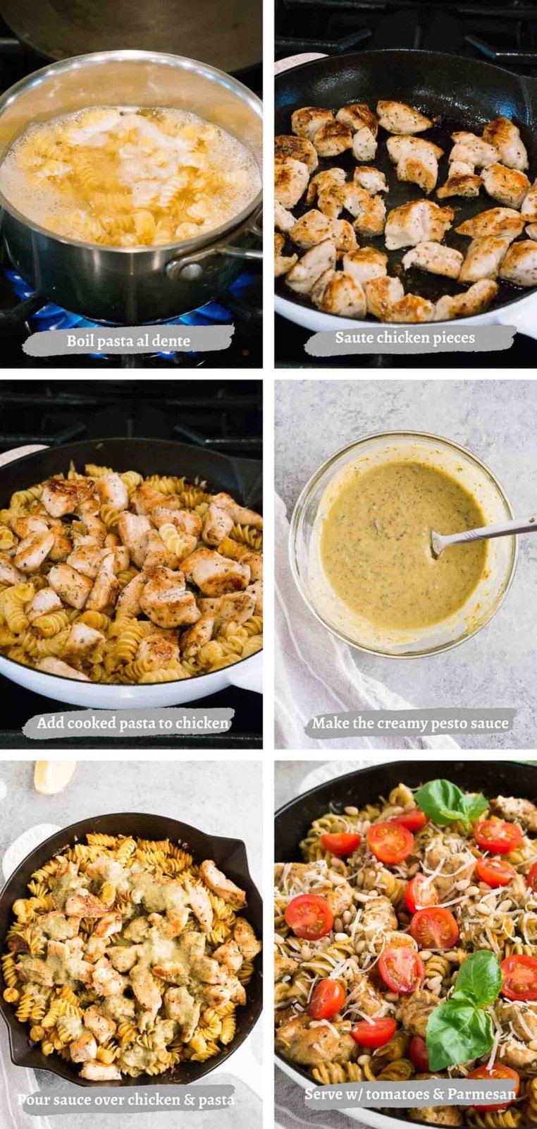process images of chicken and pesto pasta