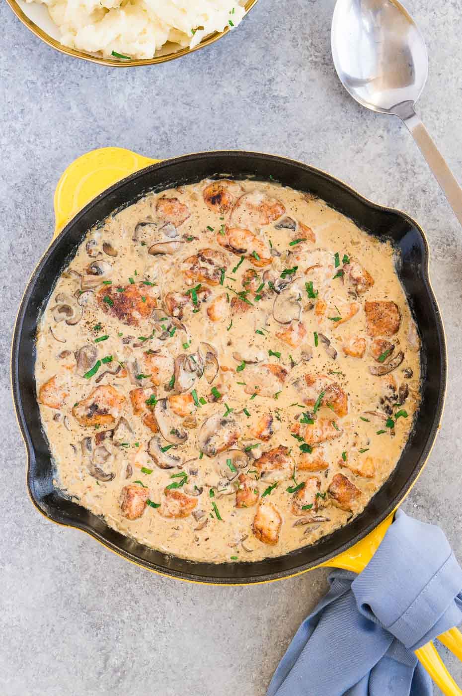 healthy chicken stroganoff in a skillet