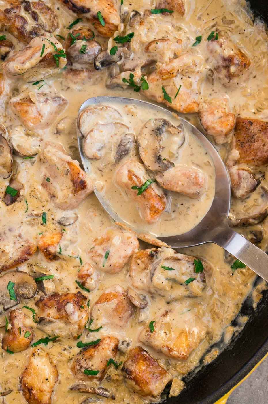 close up creamu mushroom sauce and chicken