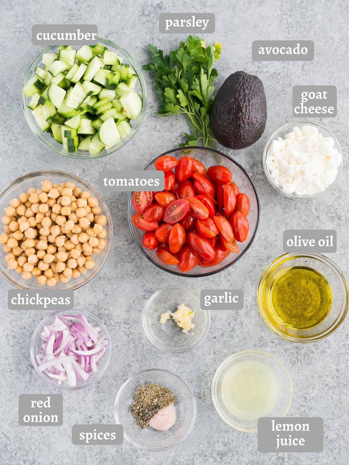 mediterranean chickpea salad ingredients on a board