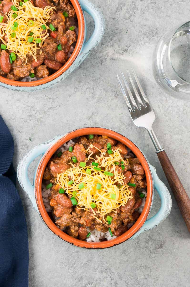 top shot of homemade chili in bowls