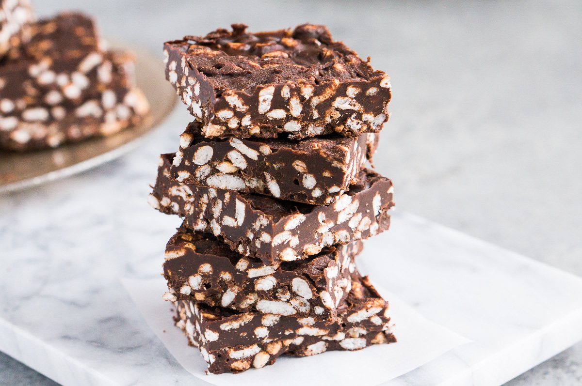 chocolate crunch bars on a board