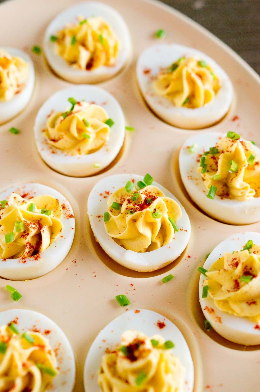 Classic Deviled Eggs on a egg tray