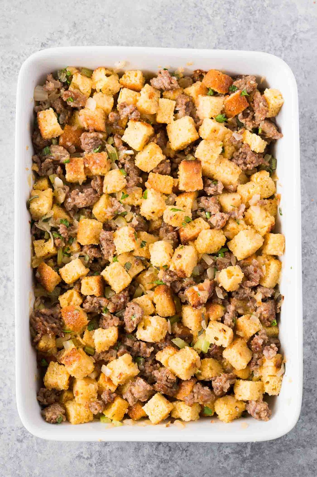 cornbread and sausage stuffing in a casserole dish