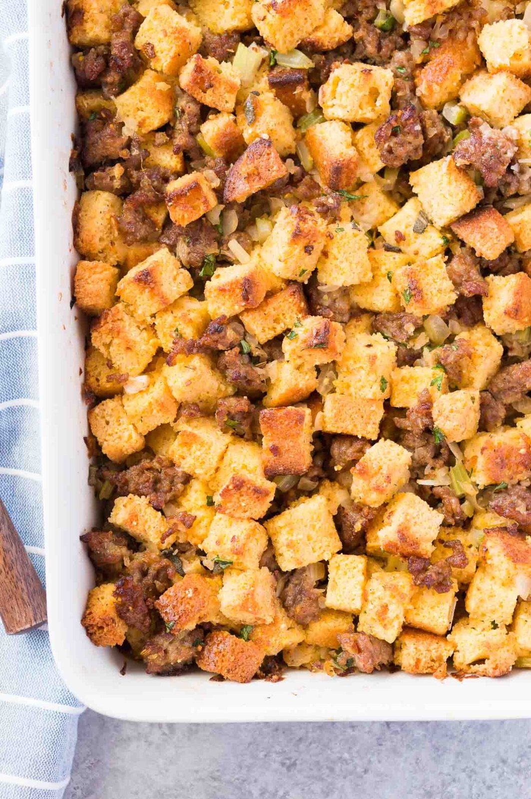 sausage and cornbread stuffing in a casserole dish