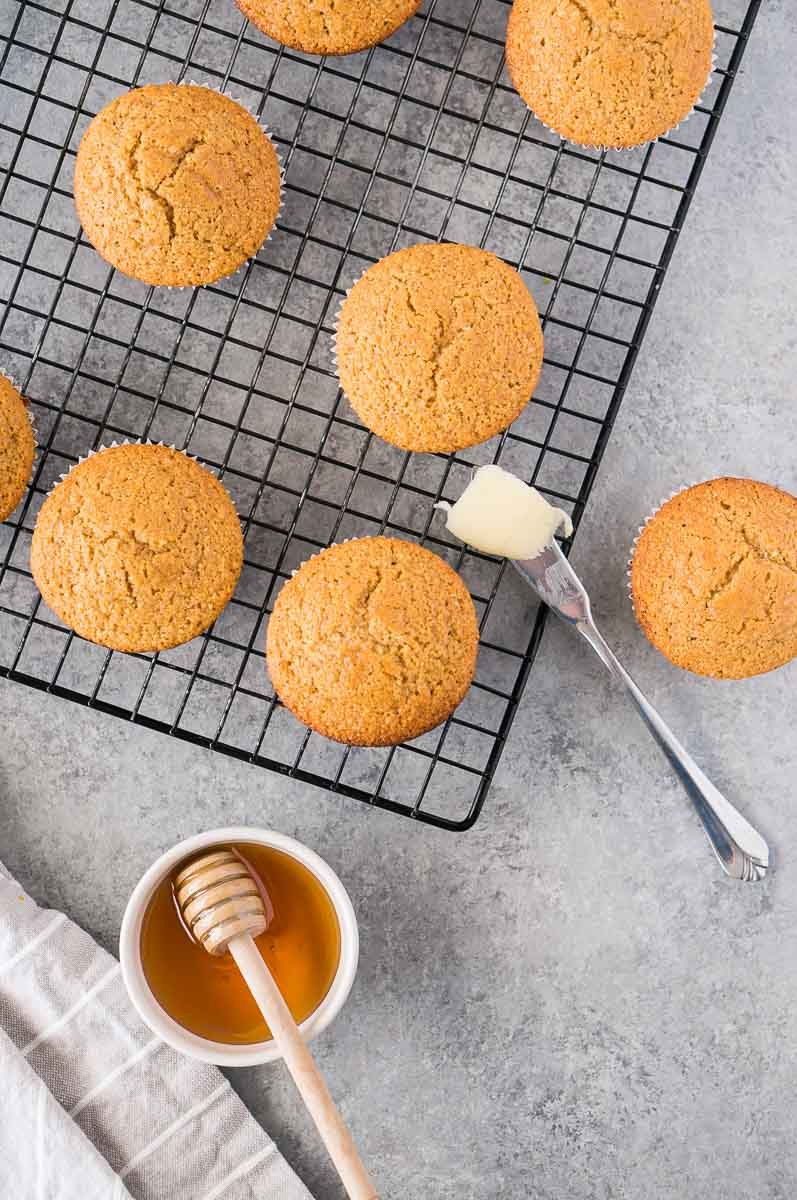 gluten free cornbread muffins on a cooling rack