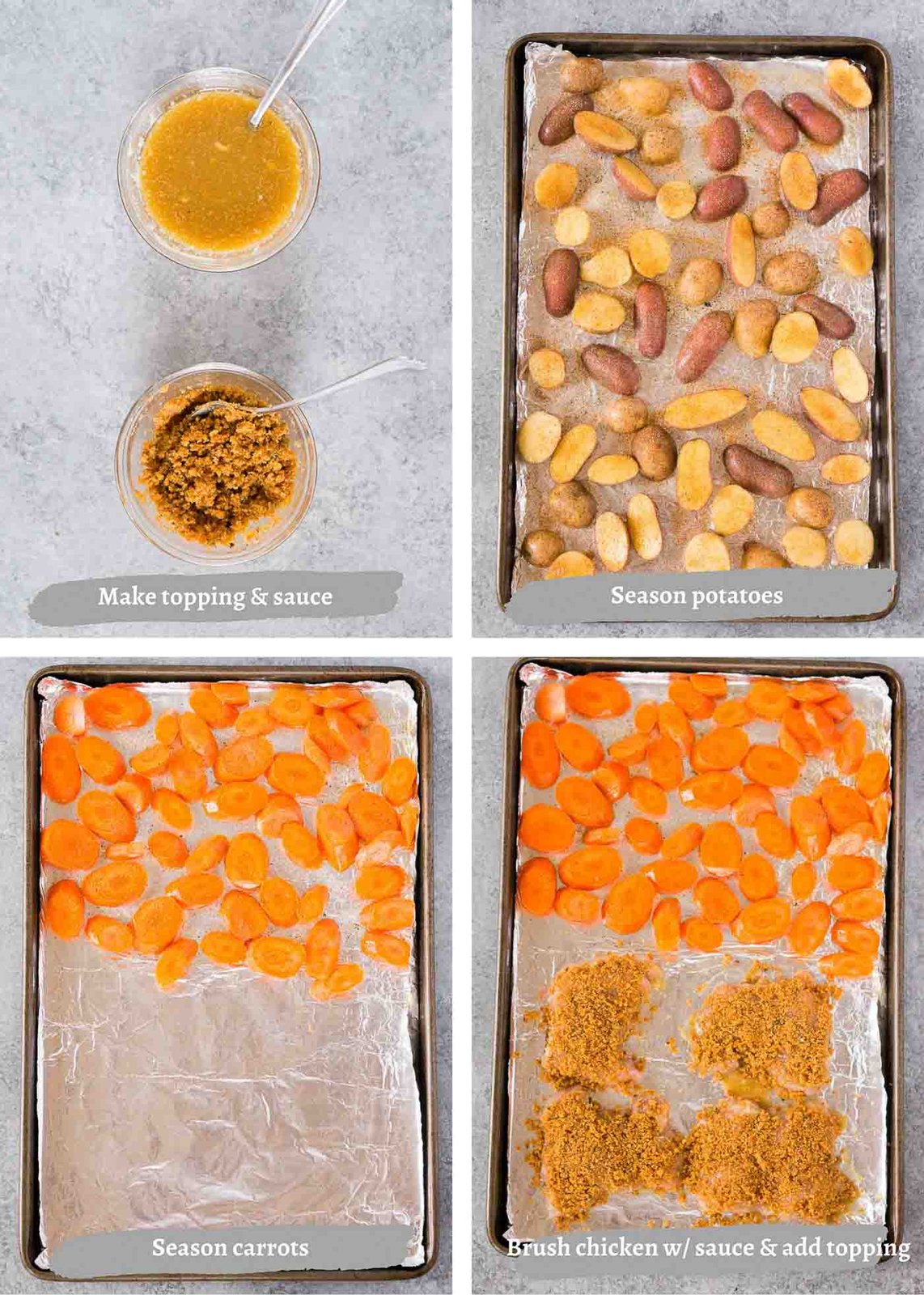 process shots of making crispy panko chicken with potatoes and carrots