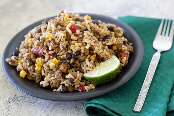 Beef Mexican Rice on a black plate