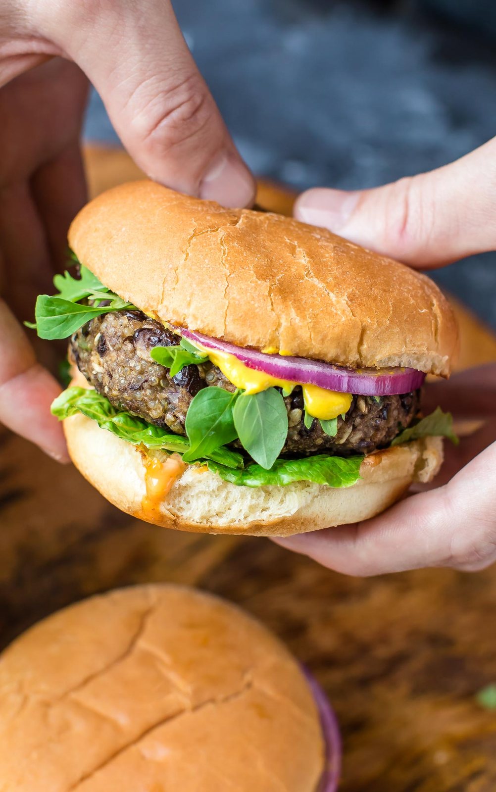 A close up of a Quinoa Black Bean Veggie Burger