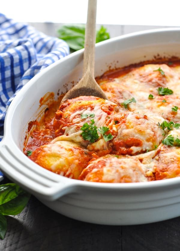 A close up of a dump and bake ravioli casserole