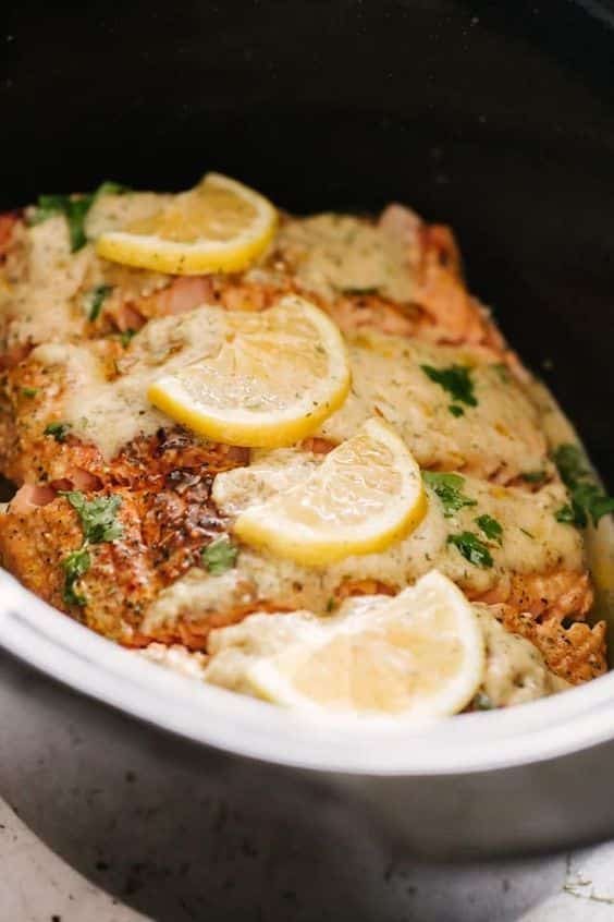 healthy freezer meals - slow cooker salmon with lemon sauce