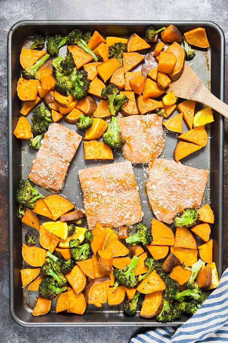 Sheet Pan Orange Glazed Salmon with Sweet Potatoes
