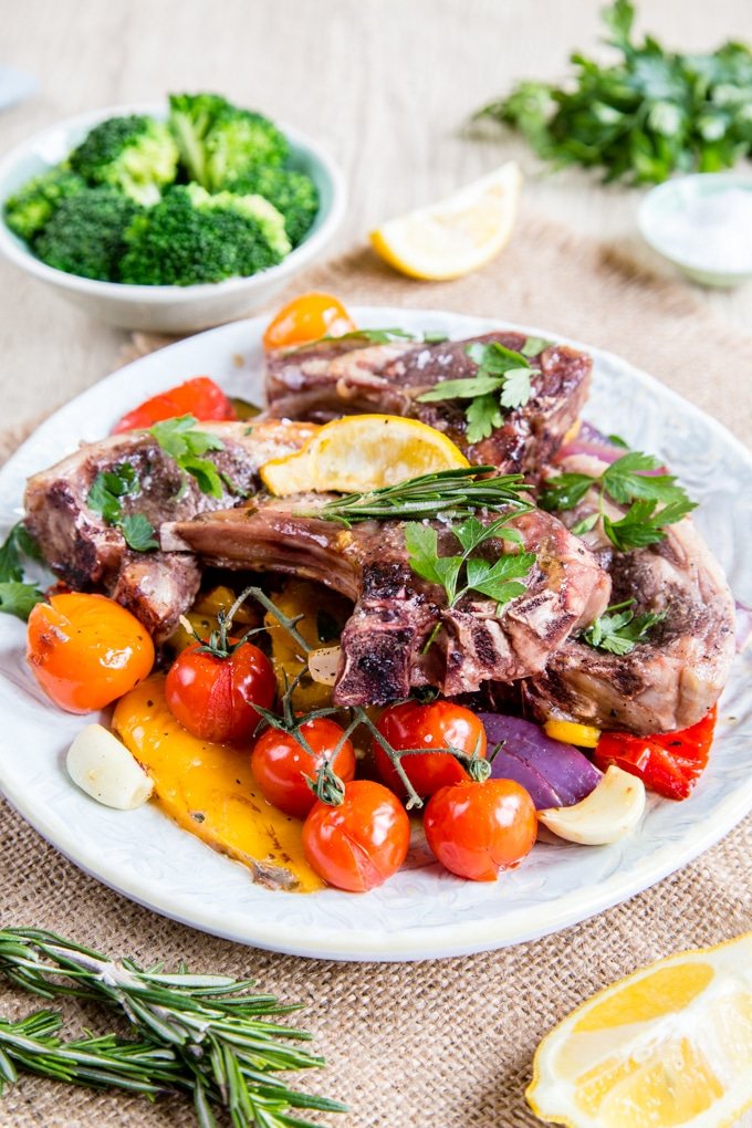 Easy sticky lamb chops with roasted vegetables on a plate