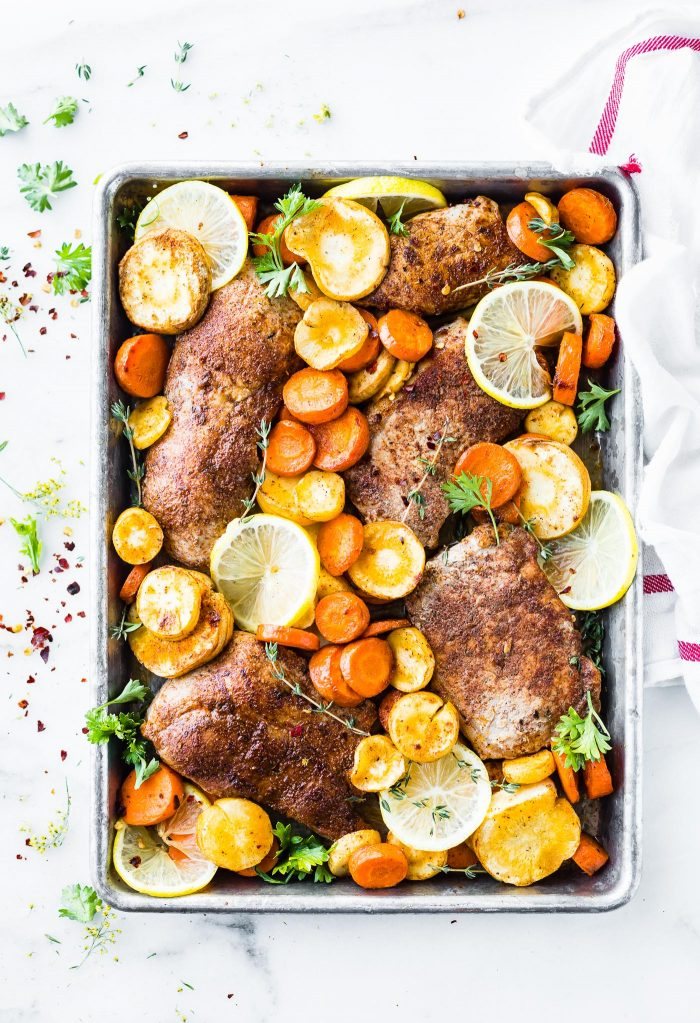 Baked Pork Chops and Veggies on a Sheet pan