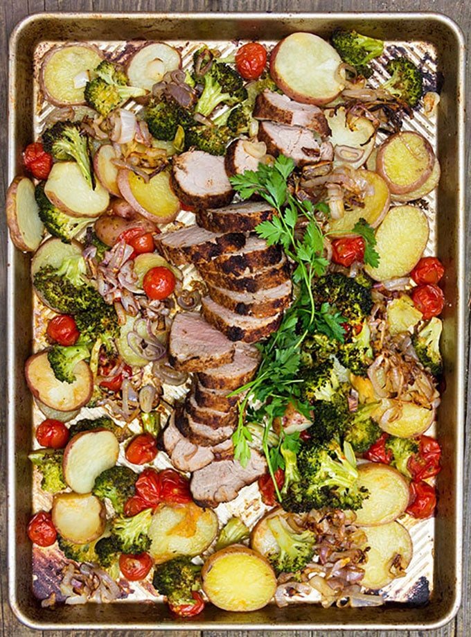 Spice Crusted Pork with vegetables on a sheet pan