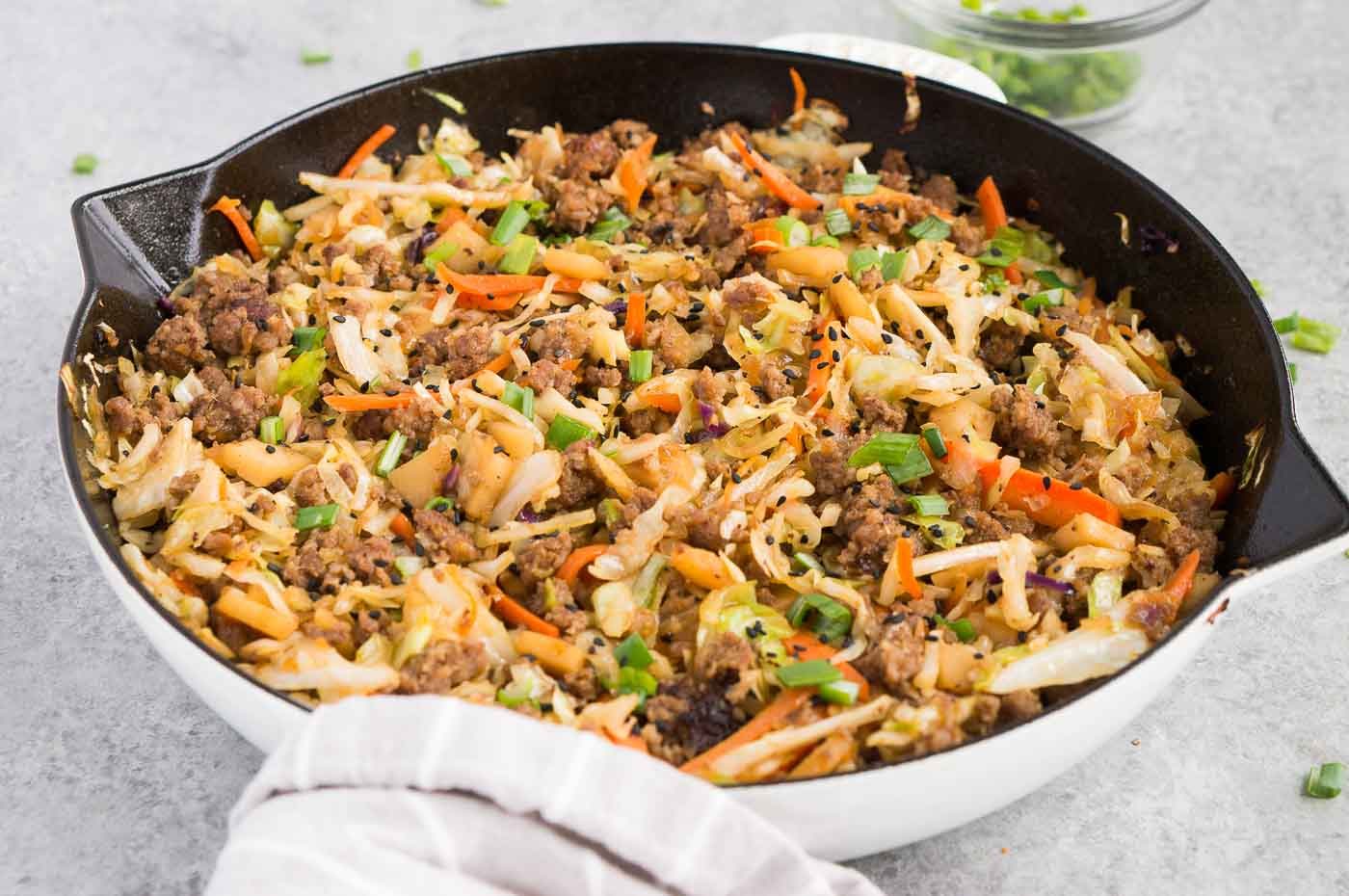deconstructed egg roll in a skillet