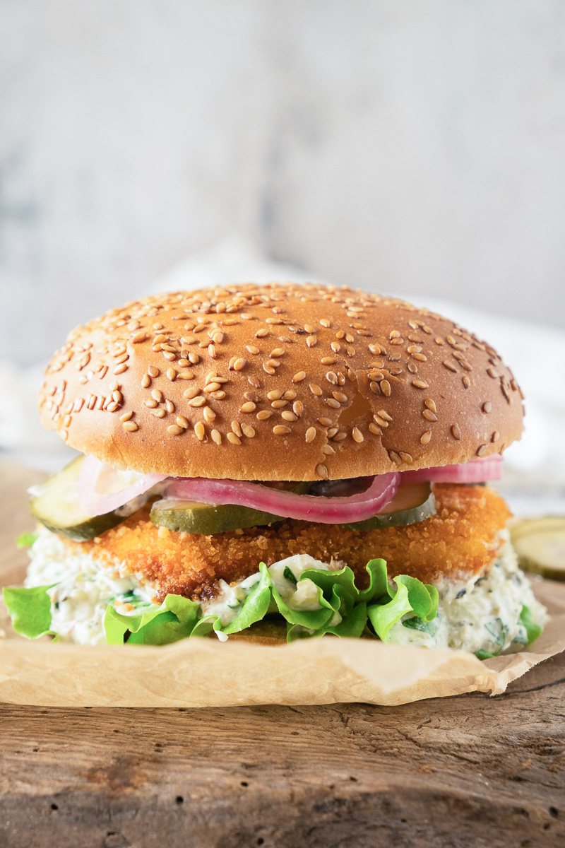 fish burger on a board