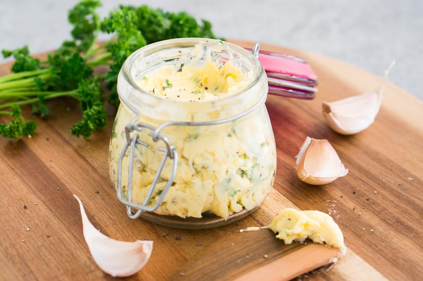 homemade garlic butter in a jar