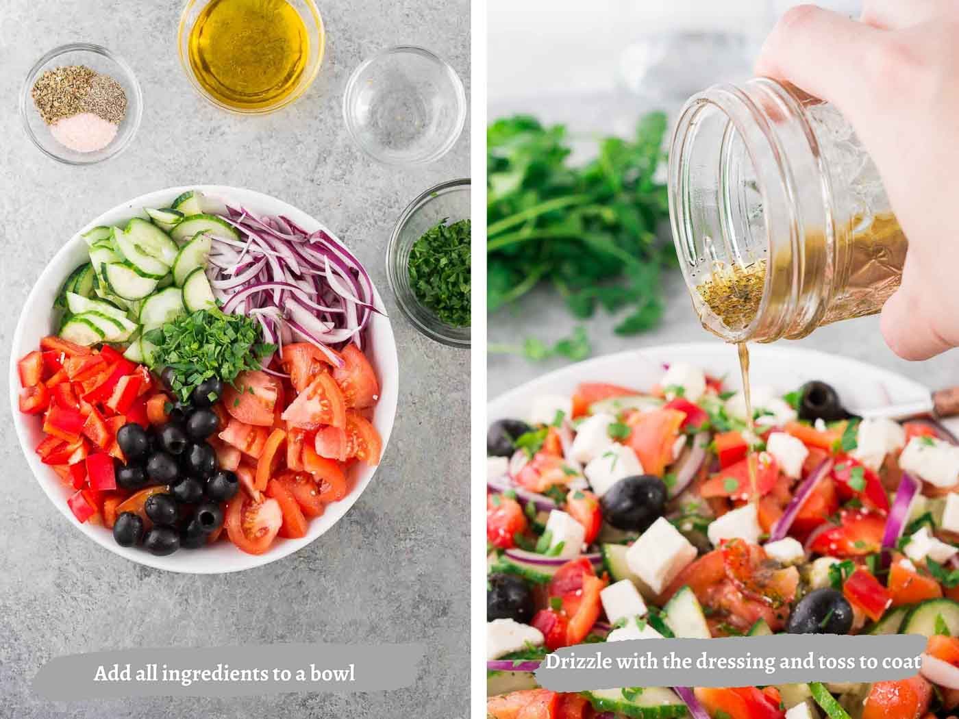 process shots of making Greek Salad in a white bowl and drizzling dressing