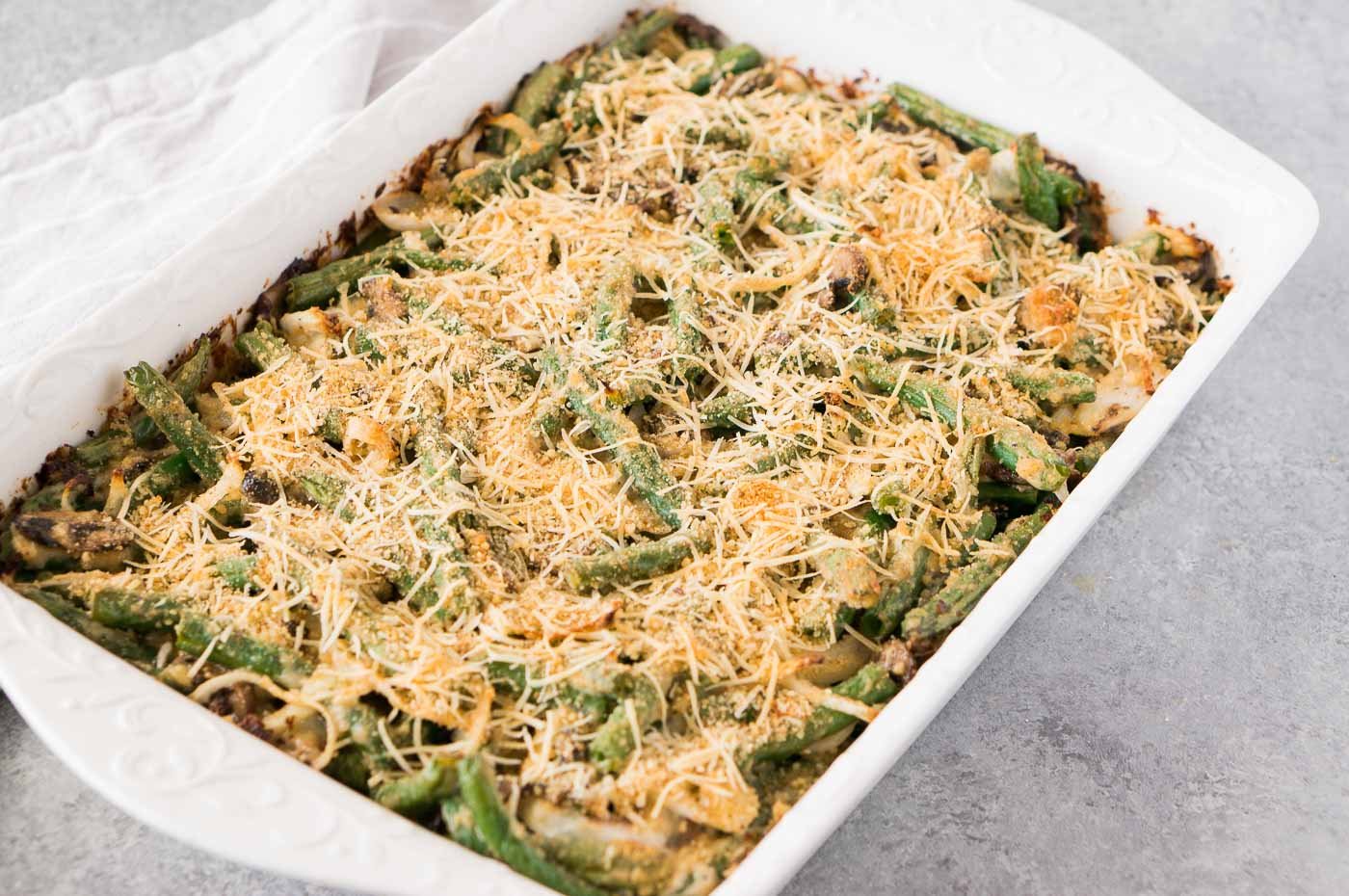 baked healthier green bean casserole in a baking dish