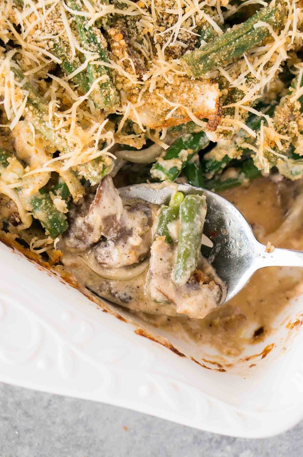 close up image of serving gluten-free green bean casserole