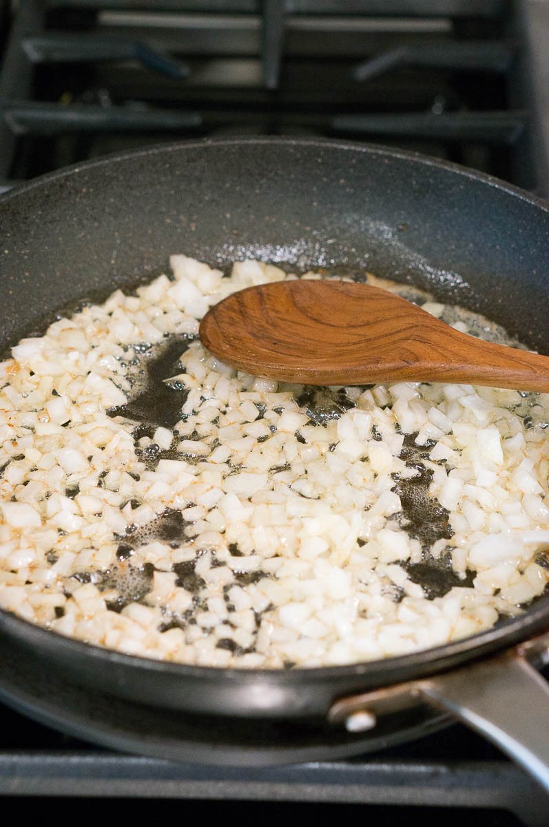 Sauteeing onions in skillet